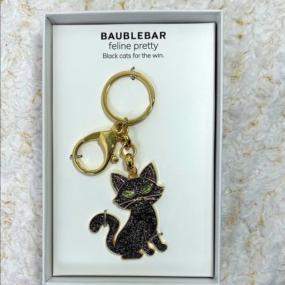 BaubleBar Glittering Black Cat Keychain with Gold Accents - Picture 1 of 3